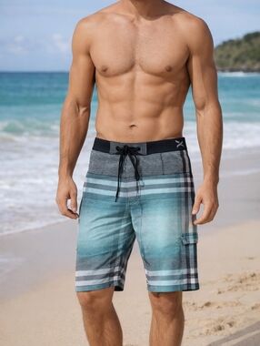 Hurley Board Shorts Mens 32 Drawstring Blue Black Zip Pocket Like New Beach Boat